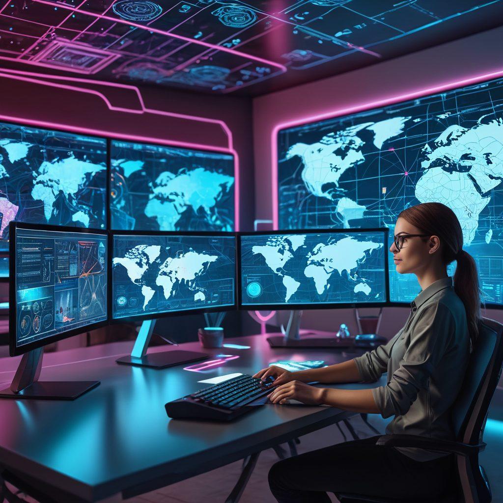 A sleek, modern office setting with a digital designer working on a high-tech computer, various wireframes and website mockups displayed on multiple monitors, and a holographic world map showing global online presence. super-realistic. vibrant colors. futuristic style.