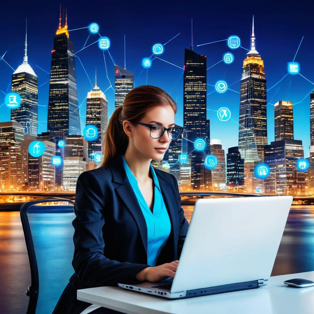 A dynamic, tech-savvy professional poised over a sleek laptop, surrounded by vibrant icons representing various web solutions like SEO, web design, and app development; the background features a futuristic cityscape symbolizing growth and opportunity. The image should exude speed, efficiency, and affordability through visual cues. Super-realistic. Vibrant colors. White background.